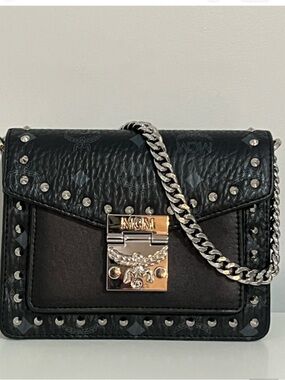 Like New MCM Black Leather Silver Studded Patricia Flap
Mini Bag Purse